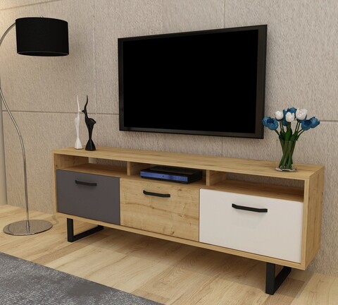Comoda TV, Arnetti, Leader, 150x40x29.6 cm, PAL, Alb / Antracit / Stejar Arnetti