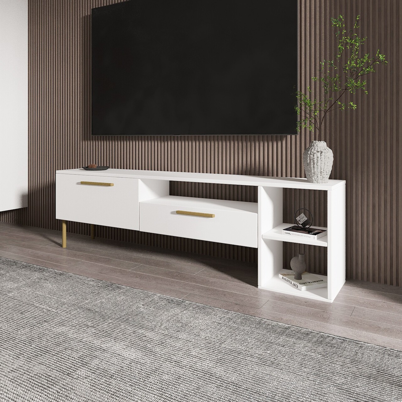 Comoda TV, Inarch, Parion, 150x47x35 cm, PAL, Alb/Auriu - 1 | YEO