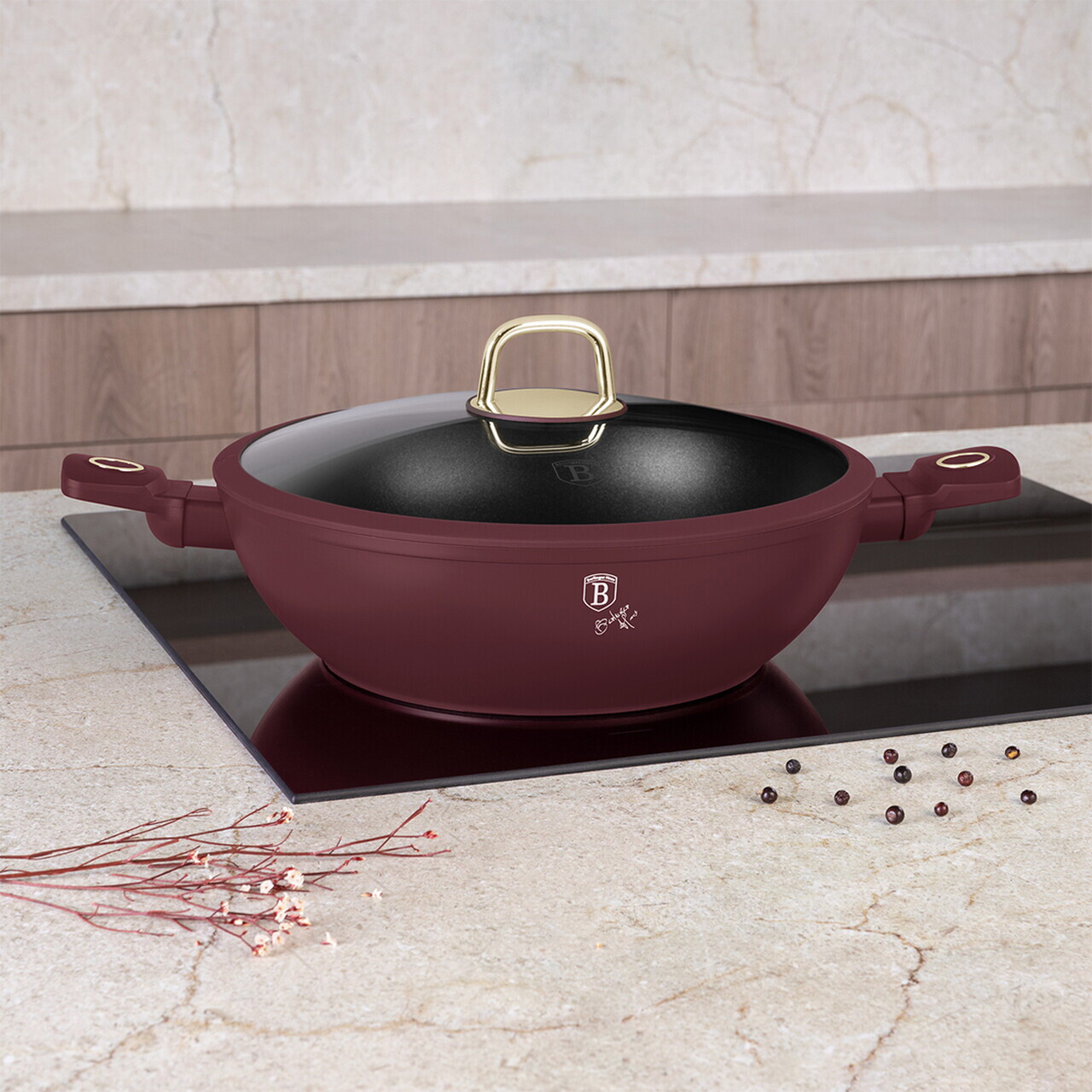 Tigaie Wok cu capac Berlinger Haus, Leonardo, 30 cm, aluminiu forjat, visiniu mat - imagine 2