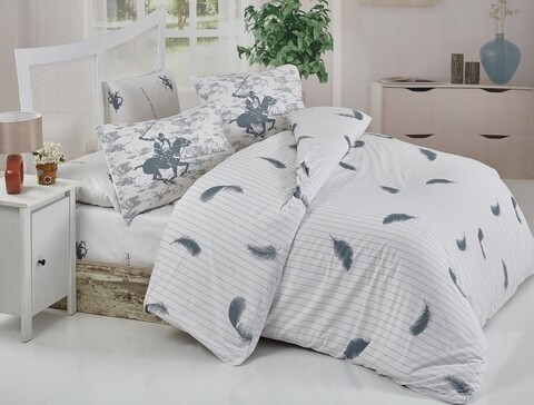 Lenjerie de pat dubla, Beverly Hills Polo Club, 034 White Grey, 4 piese, bumbac ranforce, alb/gri 034