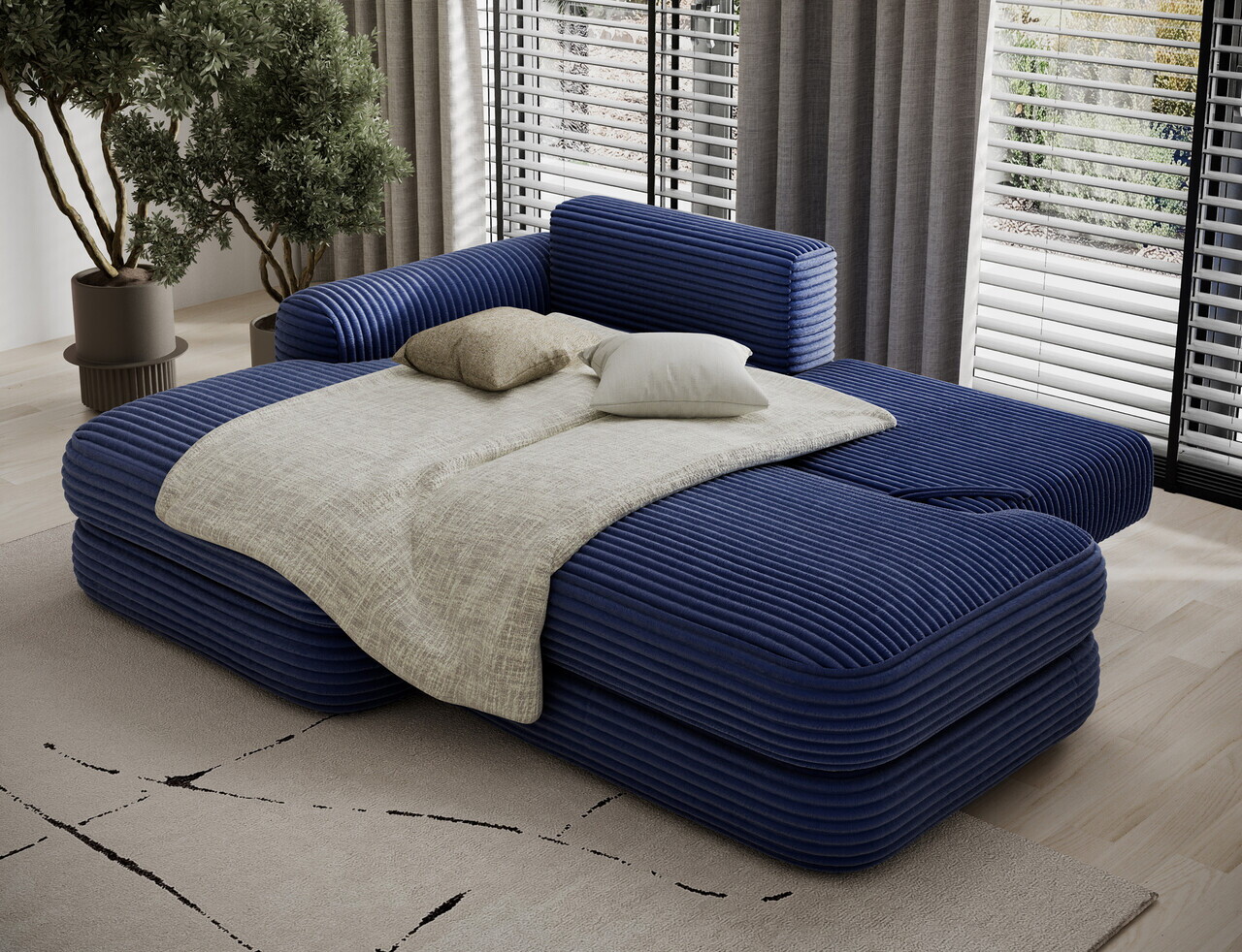 Coltar extensibil stanga 3 locuri ELTAP, Ripeli, 217x175x96 cm, lemn/catifea din poliester, albastru inchis — imaginea 6