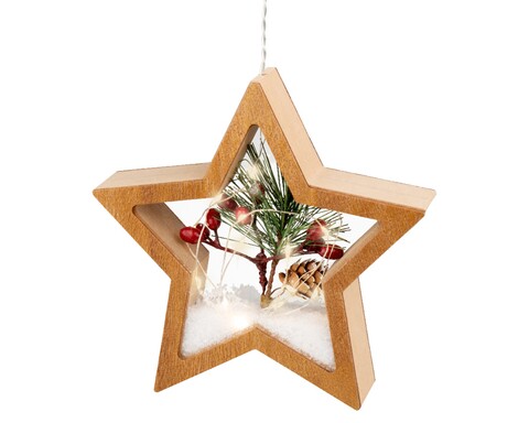 Decoratiune luminoasa suspendabila Star, Lumineo, 15 LED-uri, cu baterii, 18x4.5x17 cm, MDF