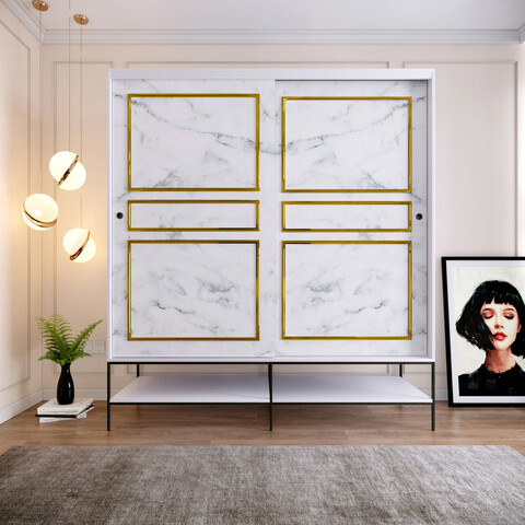 Dulap pentru haine, Comforty, Martin Sürgülü 190, 190x200x57 cm, Alb / Negru / Auriu 190 imagine 2022