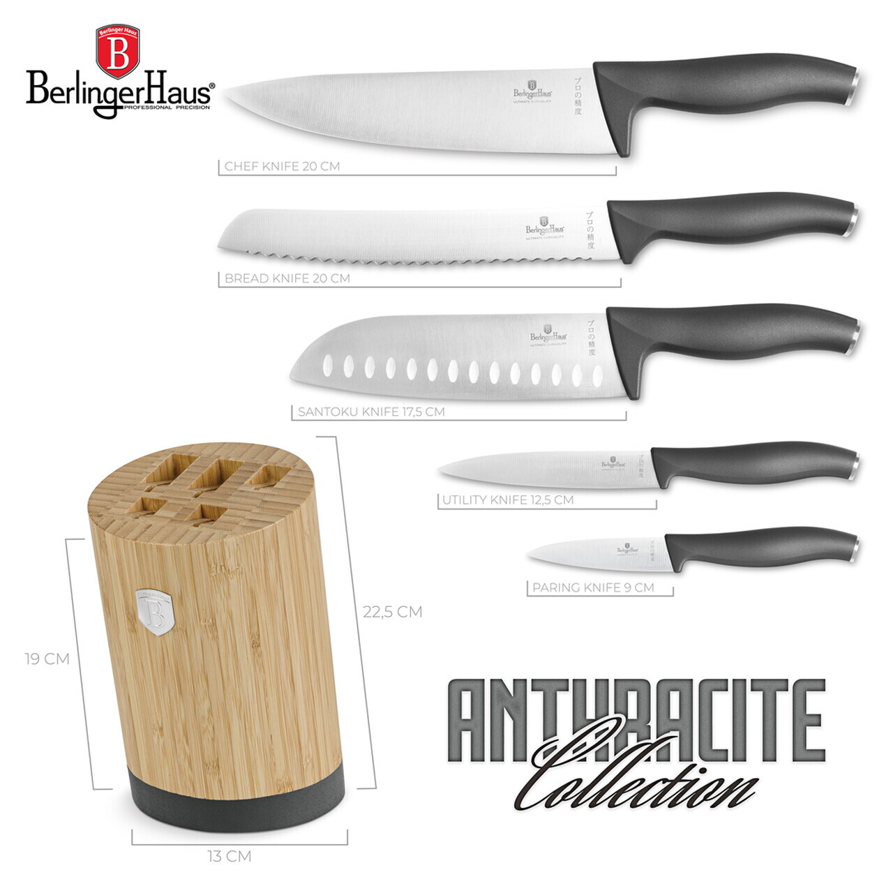 Set 5 cutite cu suport rotund Berlinger Haus, Anthracite, inox/bambus, antracit mat/natur - imagine 15