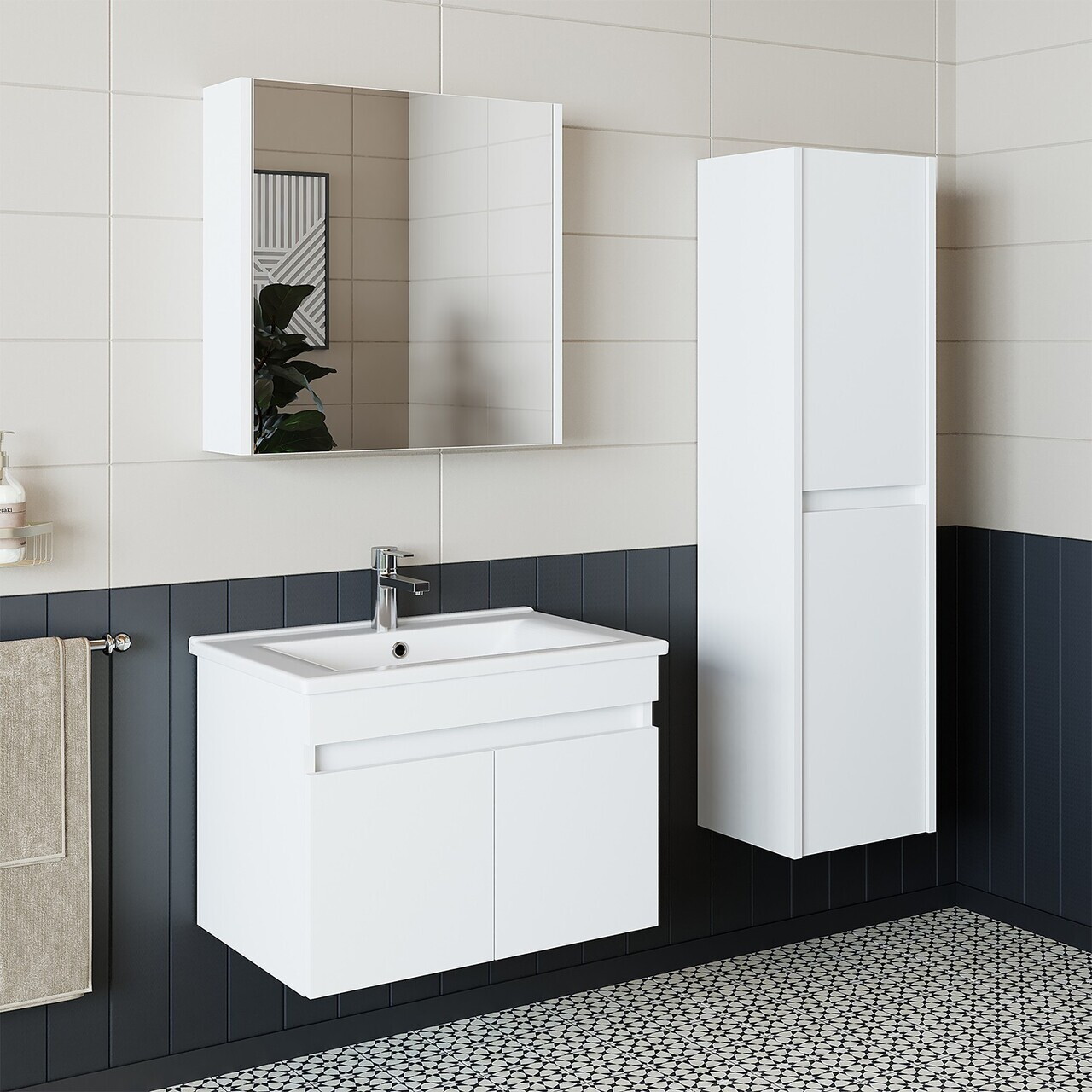 Set Dulap de Baie cu Chiuvetă și Oglindă (3 Piese), Hanah Home, 1323, MDF-LAM, Alb mat