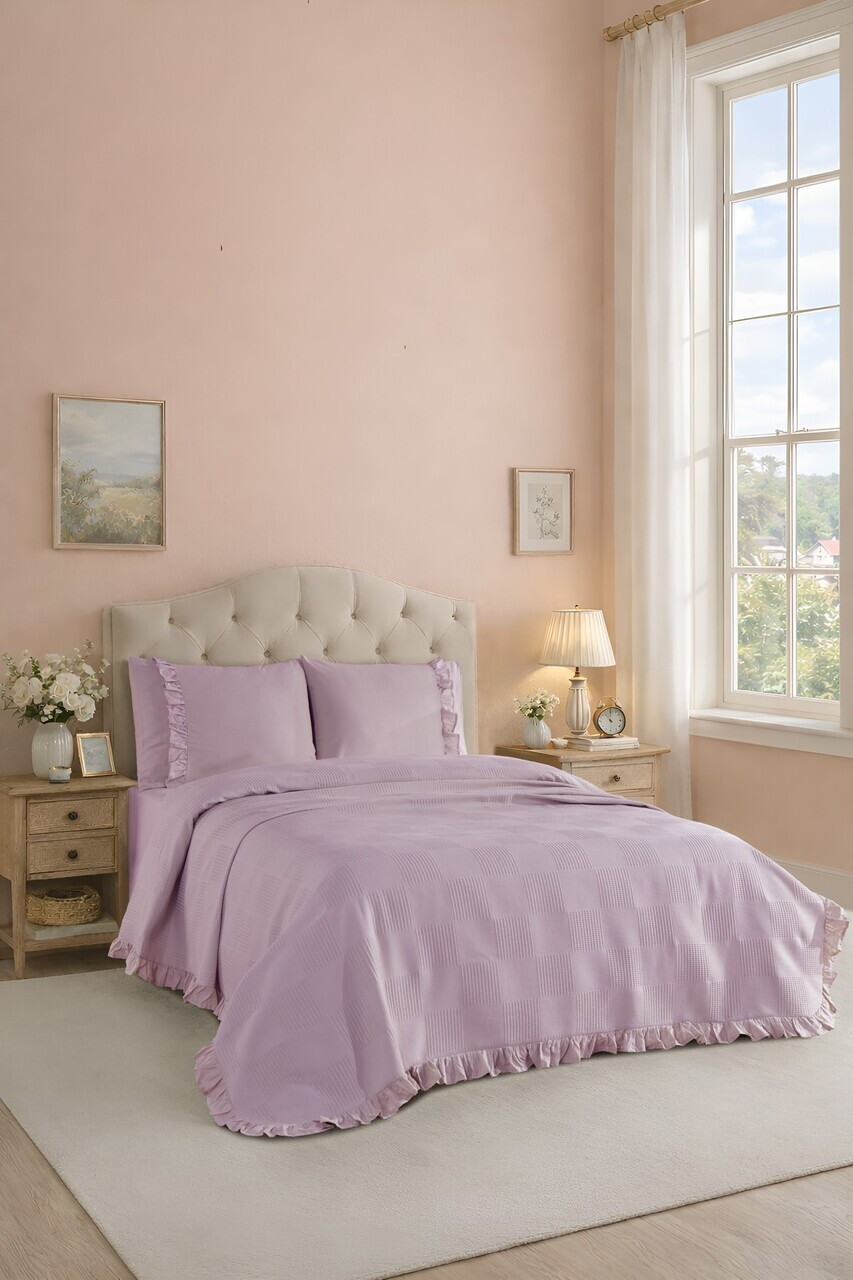 Set cuvertura pique dubla, L'essentiel Maison, Fırfırlı, Bumbac, Roz prafuit — imaginea 2