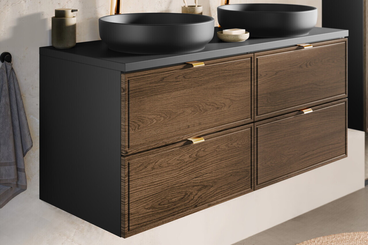 Set mobilier baie Talia Casella 120 cm, dulap inalt si masca dubla cu lavoar si oglinda, Comad, MDF/PAL, stejar/negru mat