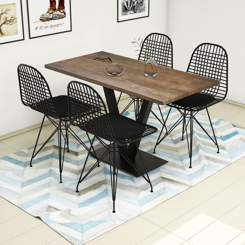 Set masa si 4 scaune Sun, Kalune Design, lemn de pin/metal, maro/negru bucatarie