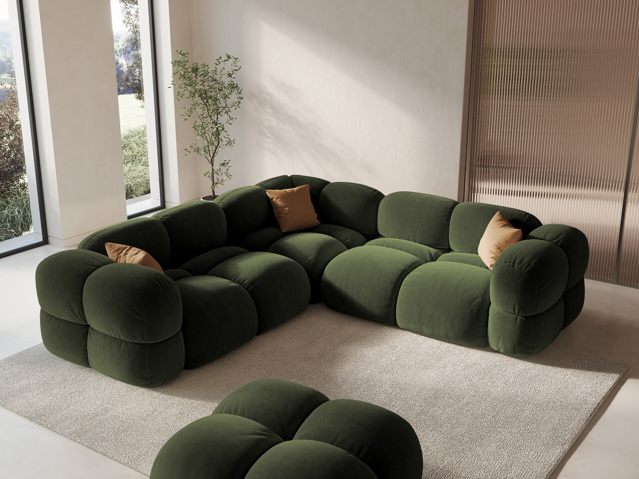Coltar simetric 4 locuri, Loretto, Cosmopolitan Design, 250x250x68 cm, catifea, verde - 1 | YEO