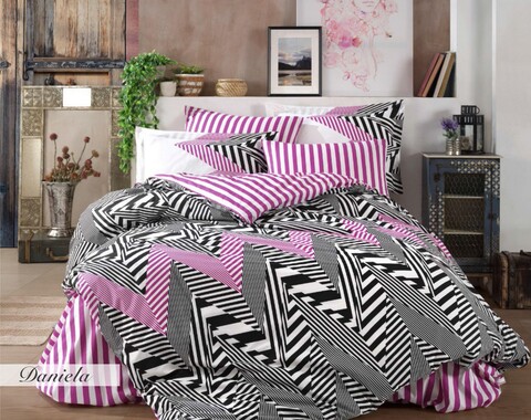 Lenjerie de pat dubla, 4 piese, 200x220 cm, 100% bumbac poplin, hobby, daniela, negru