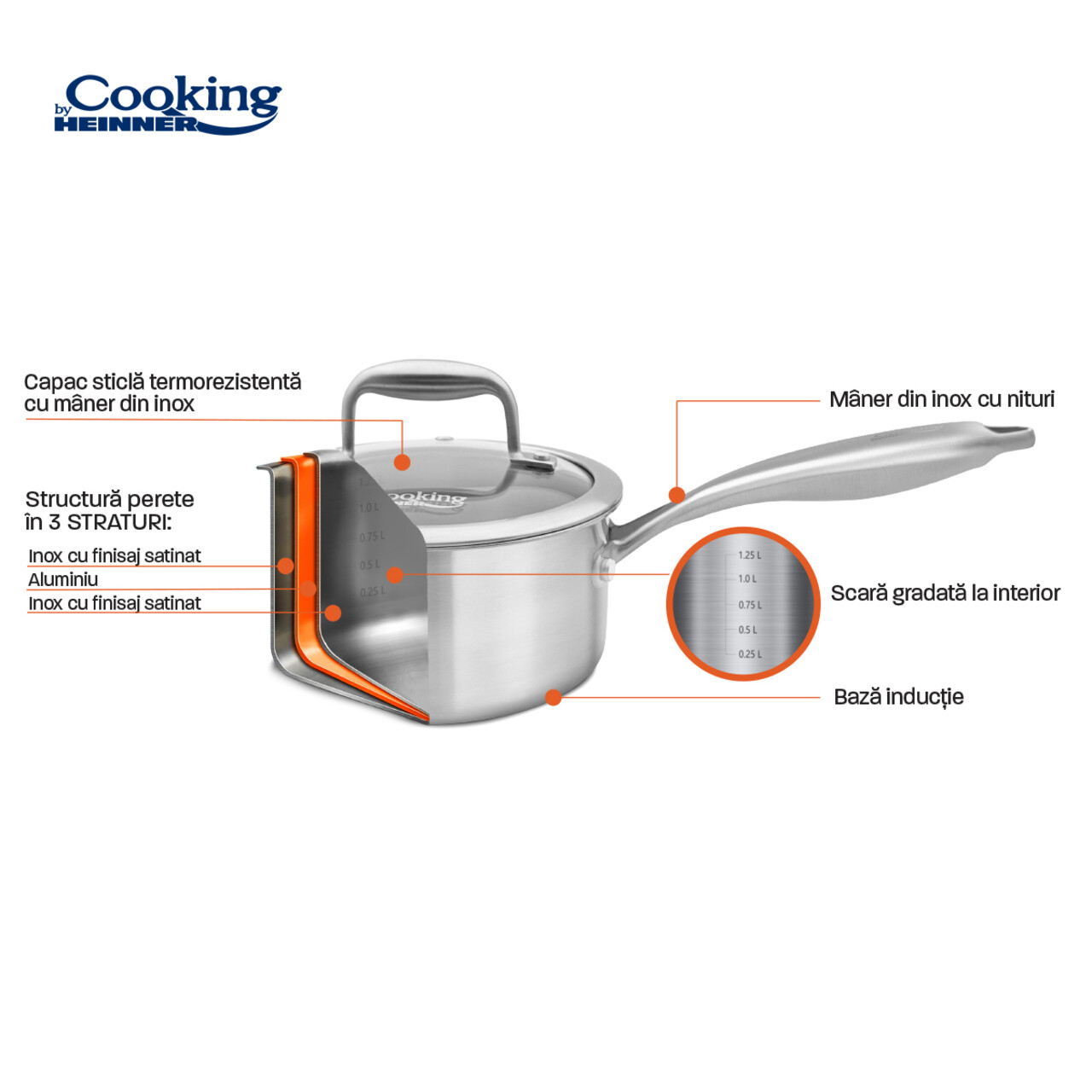 Semioala cu capac Atomic3, Cooking by Heinner, 16x8.5 cm, 1.6 L, inox/sticla, argintiu - imagine 5
