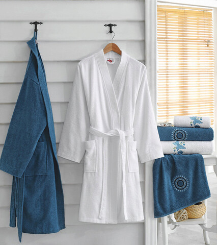 Set de baie Family, Cotton Box, Nakışlı Aile, Bumbac, Albastru/Alb