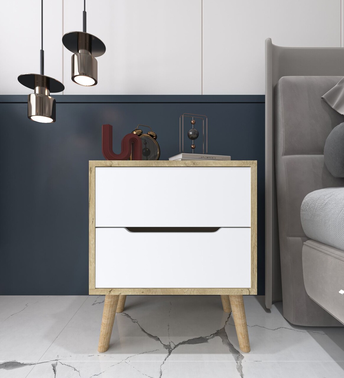 Noptiera Hanah Home Flora 50x60x44 cm PAL Stejar Safir / Alb