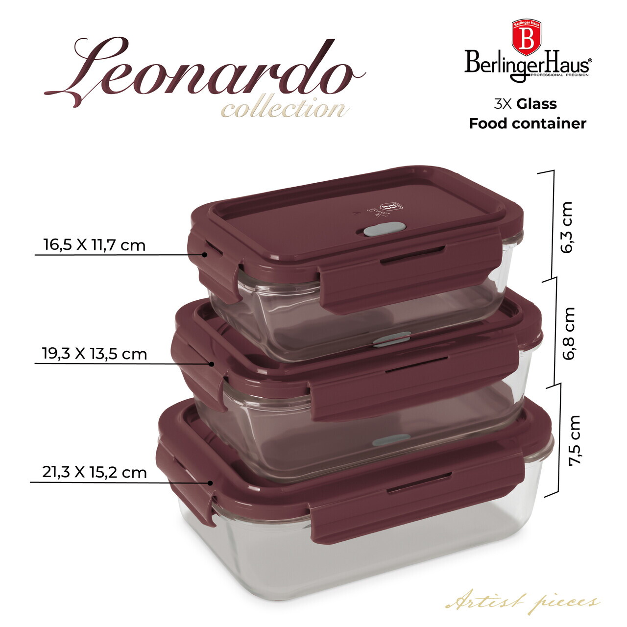 Set 3 caserole cu capac Berlinger Haus, Leonardo, 570 ml / 840 ml / 1.18 L, sticla/plastic, transparent/visiniu - view 9