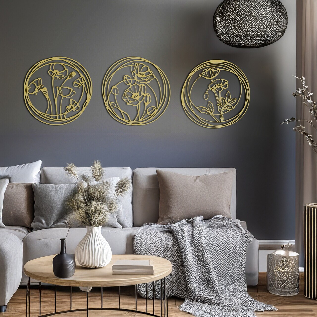 Set de accesorii decorative de perete din metal, RT-NMD-076, Dimensiune: 39 x 39 cm (3 bucăți), Auriu