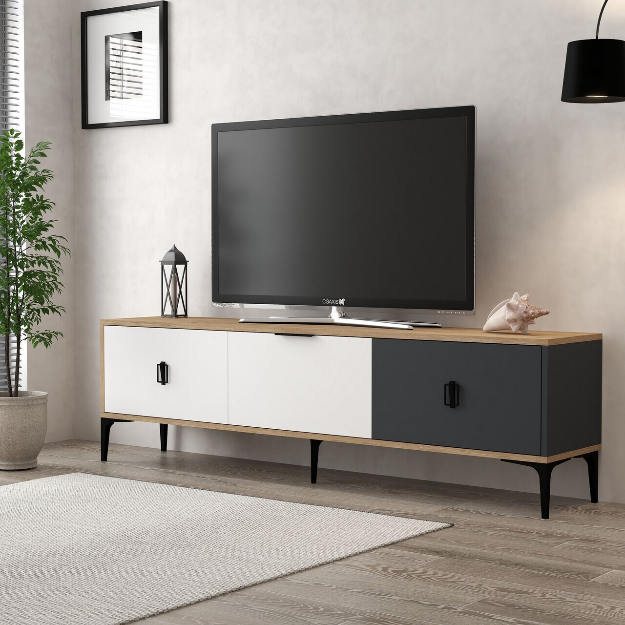 Comoda TV, Hanah Home, Neva 3801, 180x50x35 cm, PAL, Stejar / Alb / Antracit — imaginea 3