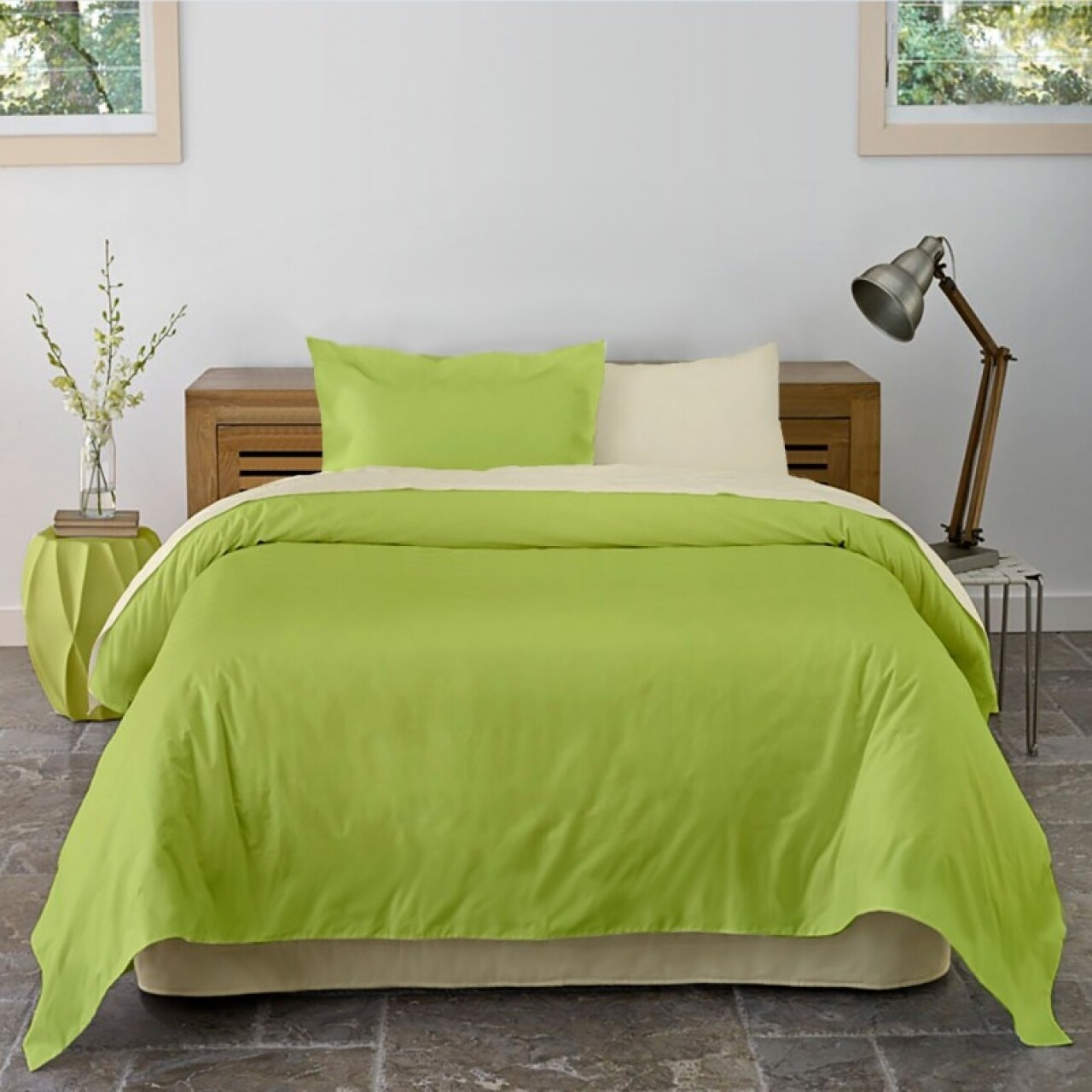 Lenjerie De Pat Dubla King Size Vanilla & Lime, 4 Piese, 220 X 250 Cm, 100% Bumbac, Verde Lime/bej