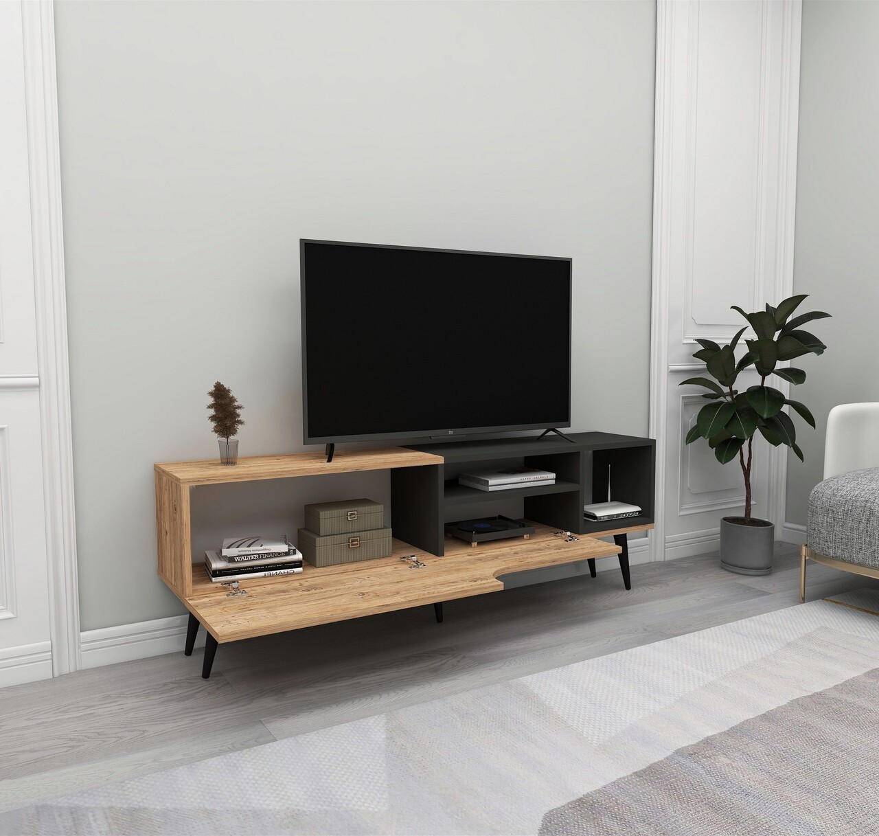 Comoda TV, Arnetti, Alba, 49.6x150x29.6 cm, PAL, Pin Atlantic / Antracit - 1 | YEO