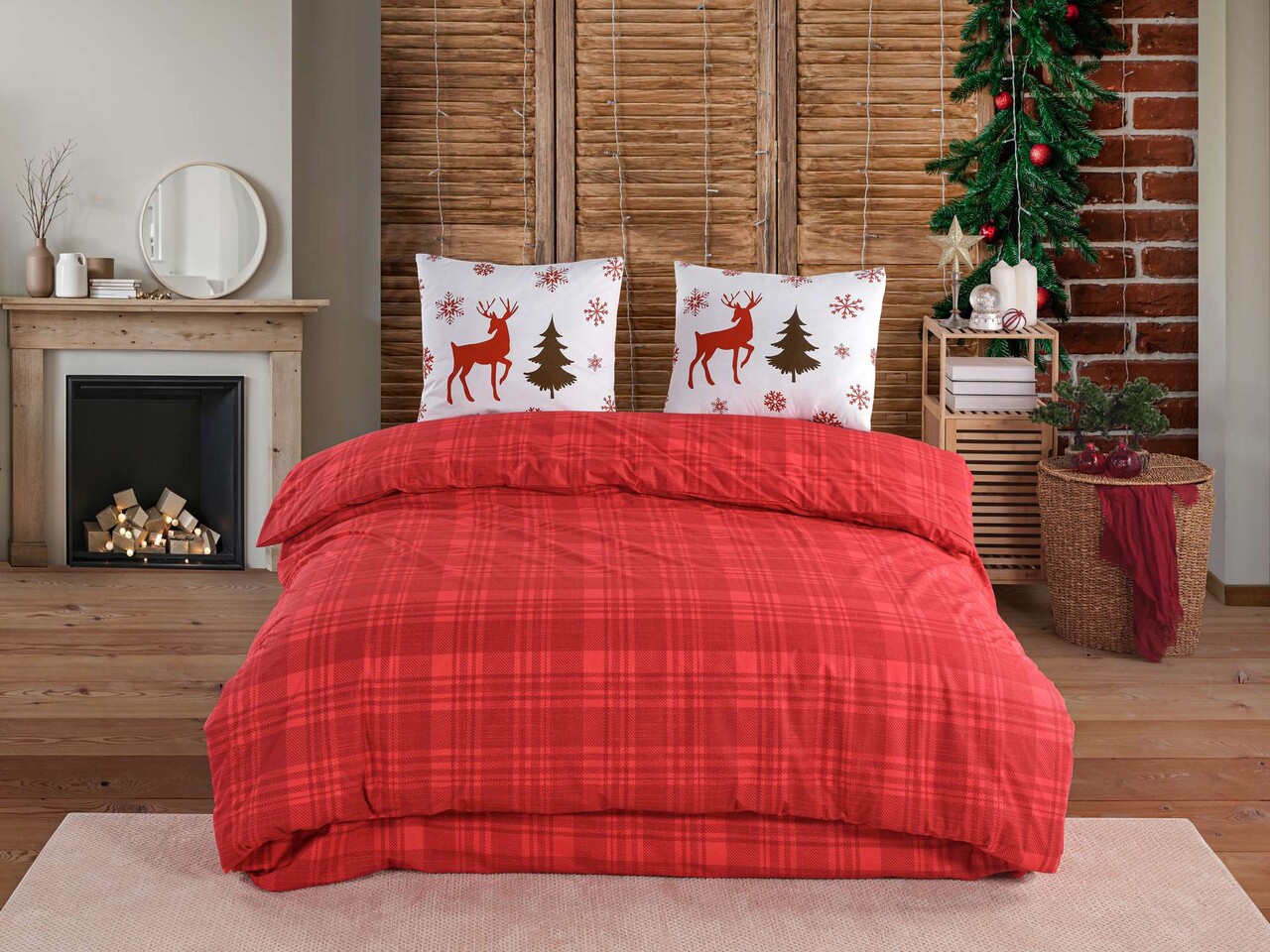 Lenjerie de pat dubla King (FR) 3 piese L'essentiel Maison Caspara Roșu / Alb / Bej închis