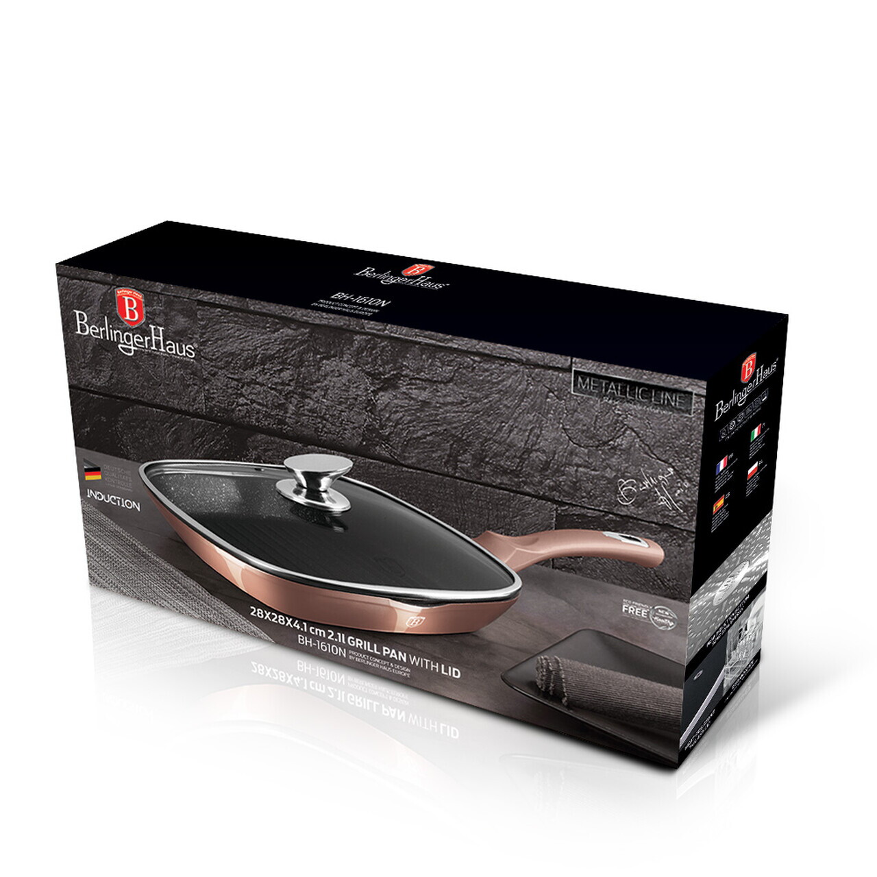Tigaie grill cu capac Berlinger Haus, Rose Gold, 28 cm, 2.1 L, aluminiu forjat, roz - imagine 9