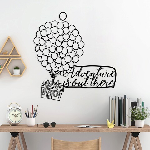 Decoratiune de perete, adventure is out there, metal, dimensiune: 65 x 70 cm, negru