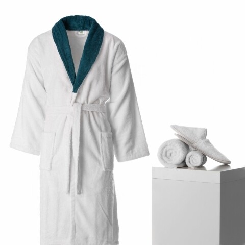 Set de baie barbatesc, 4 piese, 100% bumbac organic, White/Petrol /100