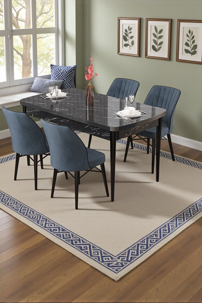 Set masa si scaune (5 piese), Hanah Home, Radde, Model de marmură neagră / Antracit