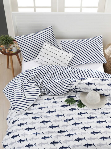Lenjerie de pat pentru o persoana (es), shark - dark blue, white, mjolnir, bumbac ranforce