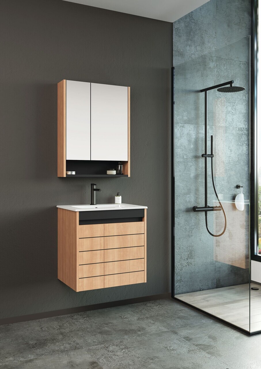Set Dulap de Baie cu Chiuvetă și Oglindă (2 Piese), Hanah Home, Ricato 60, Stejar — imaginea 2