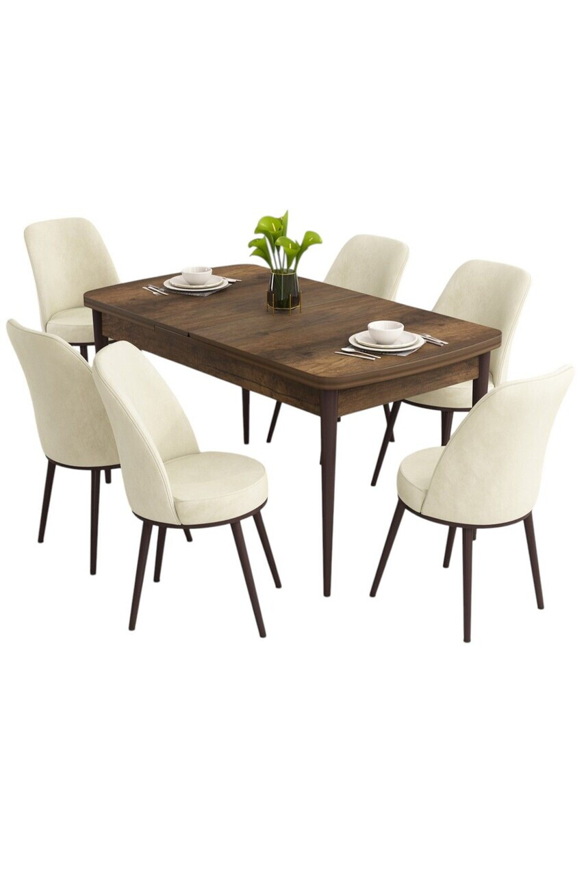 Set masa extensibila si scaune (7 piese), Hanah Home, Nix, Model baroc din lemn / Crem — imaginea 2