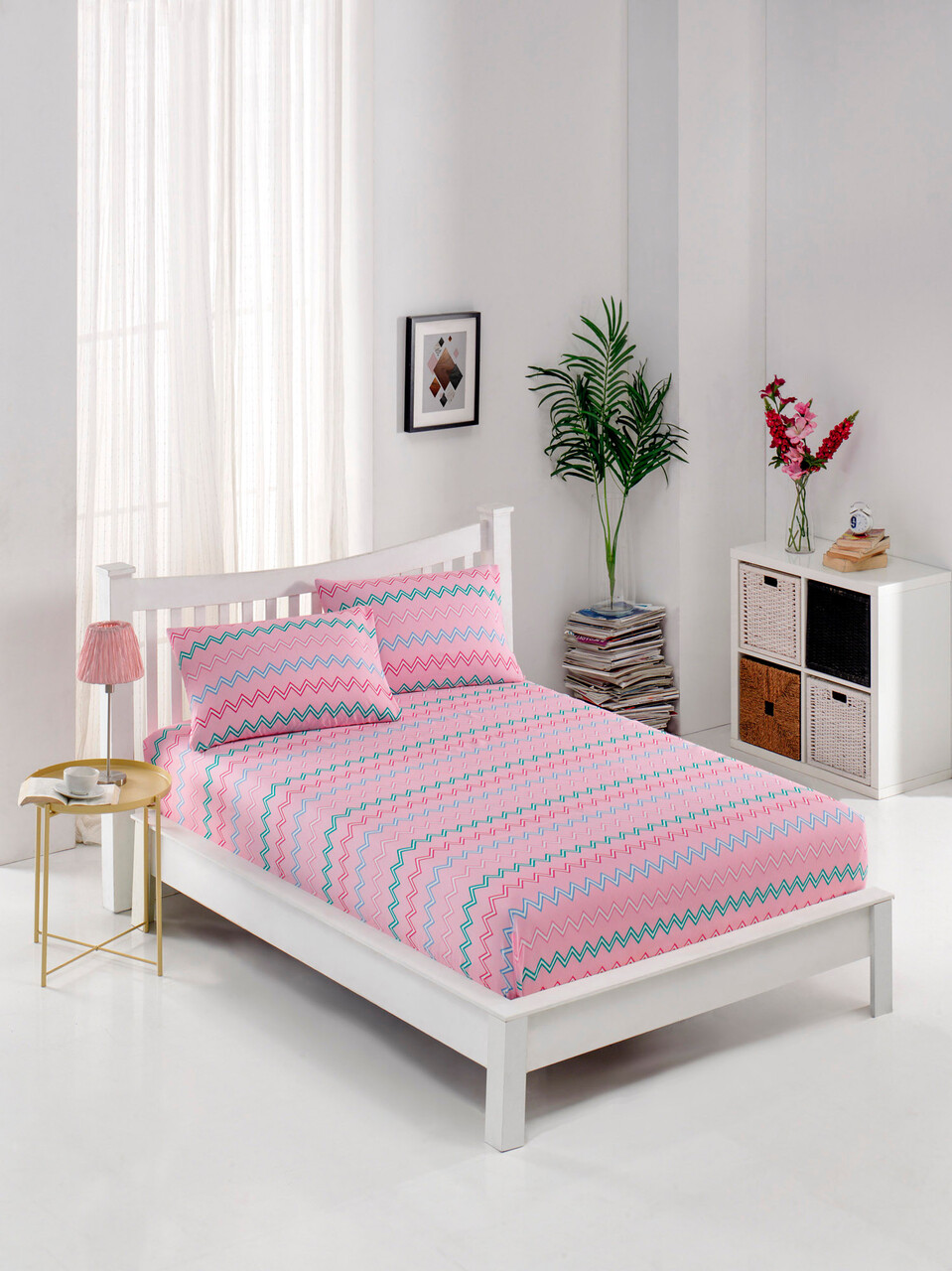 Set de pat pentru o persoana (cearceaf cu elastic si perna) 2 piese, Kokteyl - Pink, EnLora Home, 65% bumbac/35% poliester