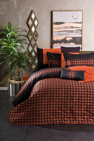 Lenjerie de pat dubla + cuvertura, 8 piese, 200×220 cm, 100% bumbac, Cotton Box, Dazzle, rosu caramiziu/negru 100
