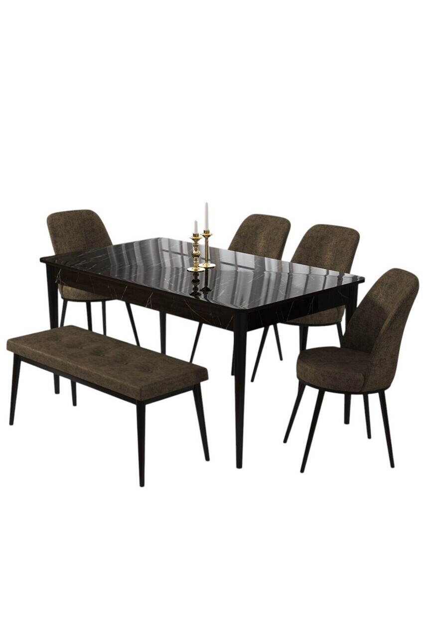 Set masa si 6 scaune, Hanah Home, Pir, Model de marmură neagră / Maro — imaginea 2