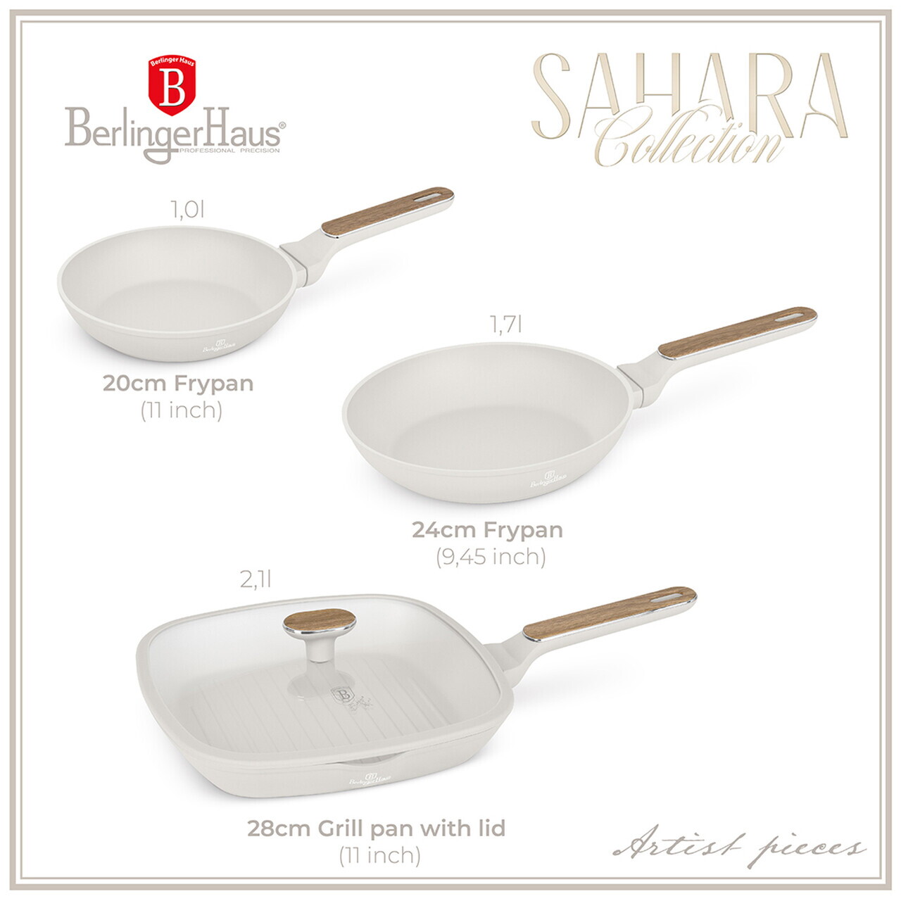 Set 3 tigai si capac Berlinger Haus, Sahara Nordic, 20/24/28 cm, aluminiu forjat, crem mat/natur - imagine 4