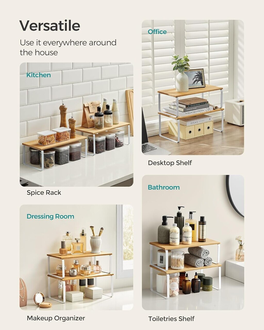 Set 2 organizatoare dulap bucatarie, Songmics, 39.7x19.5x15.8 cm, metal/lemn, alb/bej - imagine 7