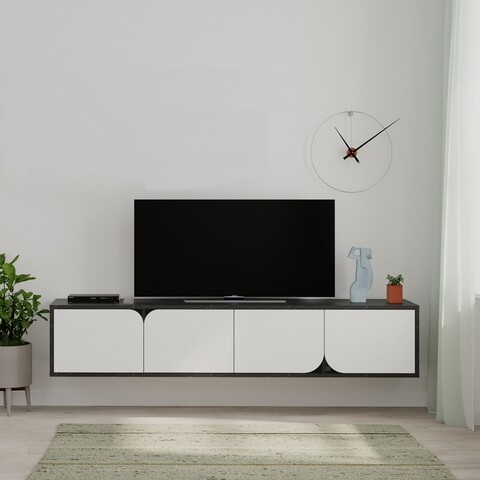 Comoda TV, Decortie, Spark, 180 x 35 x 35.6 cm, pal melaminat, alb/negru 180