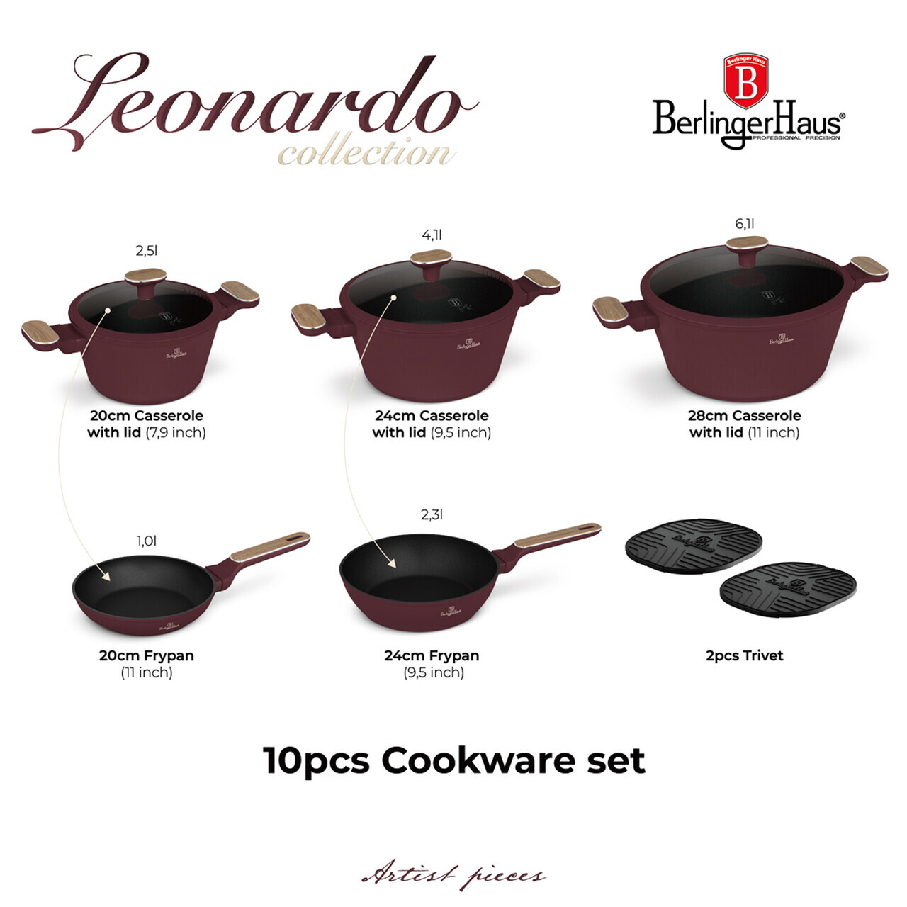 Set pentru gatit Berlinger Haus, Leonardo Nordic, 10 piese, aluminiu forjat, visiniu mat - imagine 16