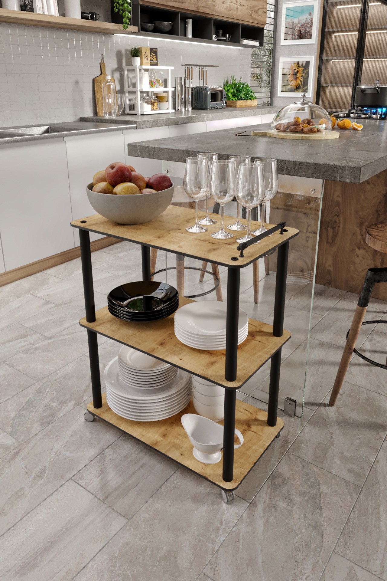 Carucior pentru servire, Hanah Home, Dinner Trolley, 60x74x35 cm, MDF , Stejar