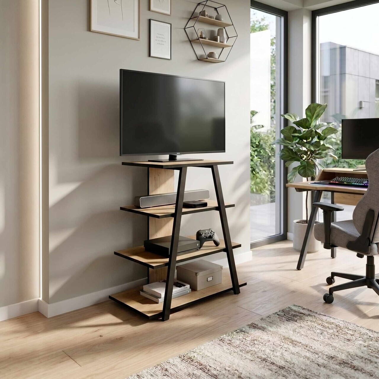 Comoda TV, Hanah Home, Lyno, 70.4x80x40.6 cm, Stejar safir / negru