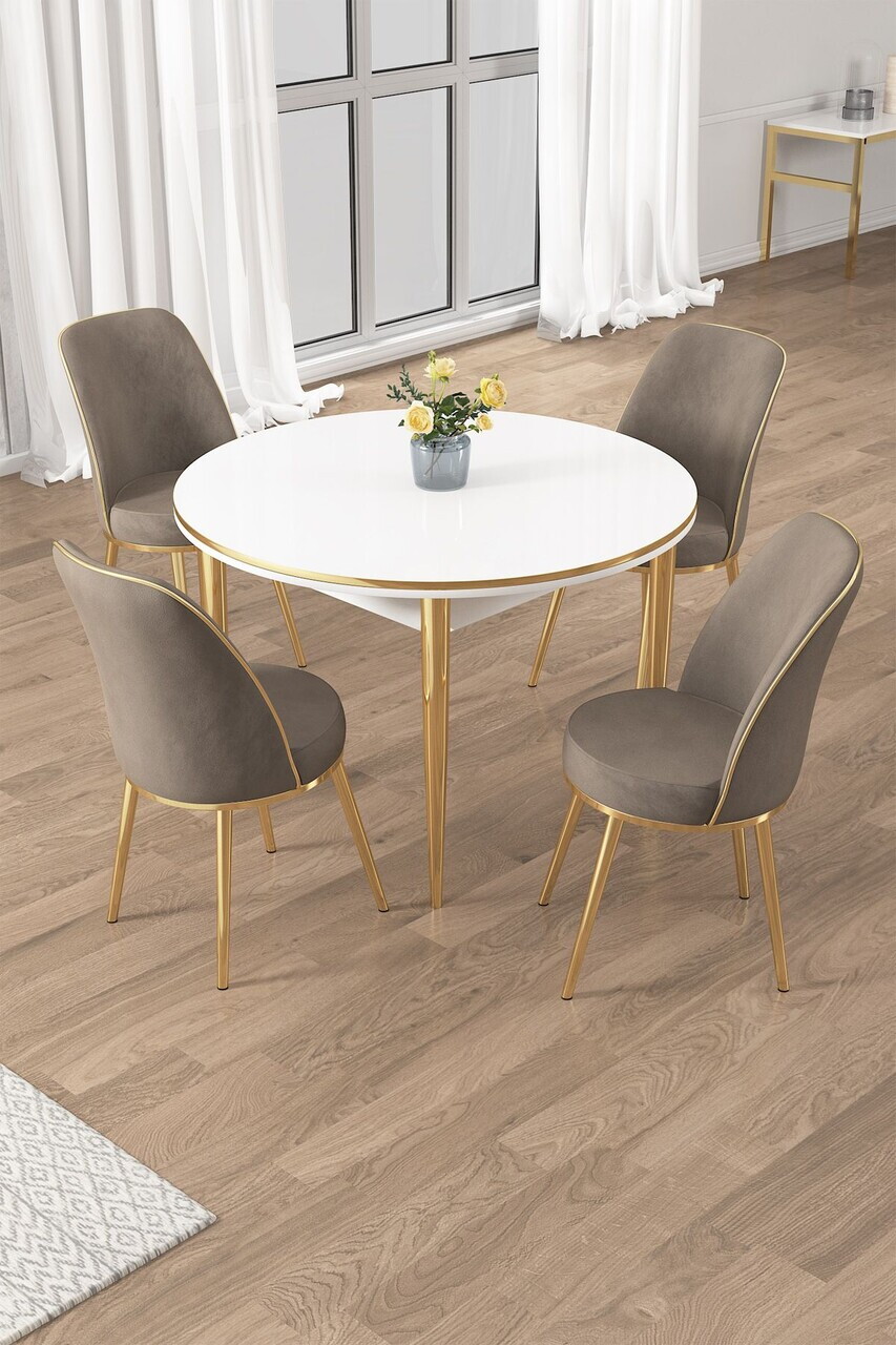 Set masa si scaune (5 piese), Hanah Home, Osle, Alb / Auriu / Cappuccino