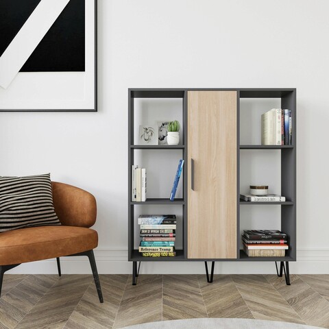 Corp biblioteca, Zena Home, Peoria, 120x123.6x25cm, PAL melaminat, Antracit / Stejar