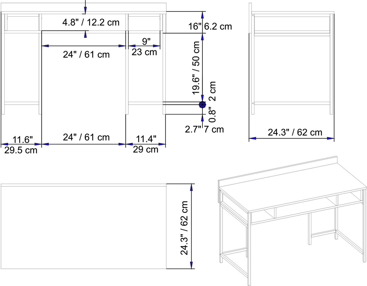 Birou, Hadley, Tumata, 119.5 X 65.2 X 62 Cm, Pal Melaminat/metal, Nuc/negru