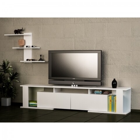 Comoda TV cu raft, Wooden Art, Game White, 180×29.6×36.8 cm mezoni.ro
