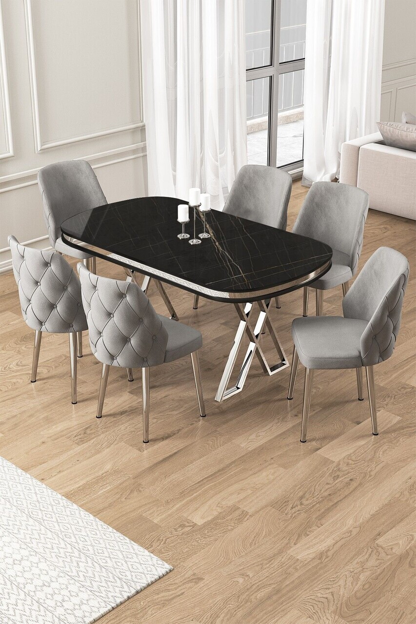 Set masa si scaune (7 piese), Hanah Home, Afe, Sonata / Crom / Gri