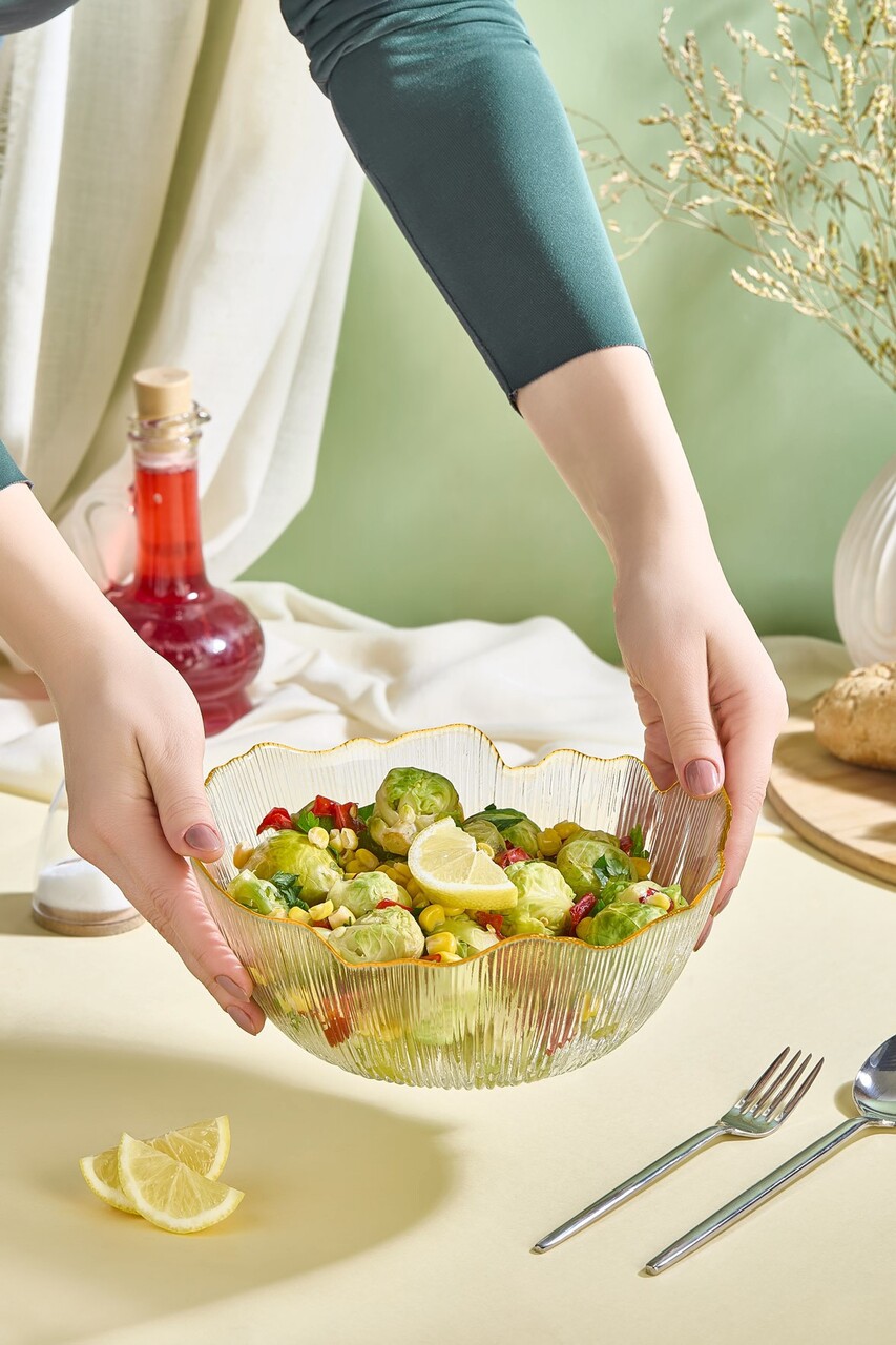 Bol de salată din sticlă, Hermia, 337GLZ1175, Cu ramă aurie, Transparent - imagine 2
