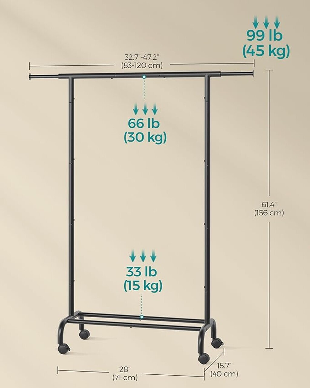 Suport pentru umerase, Songmics, extensibil, cu roti, 120-83x40x156 cm, otel, negru - imagine 5