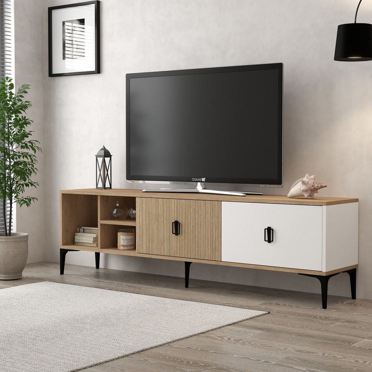 Comoda TV, Hanah Home, Era 3806, 180x50x35 cm, PAL, Stejar / Alb — imaginea 3