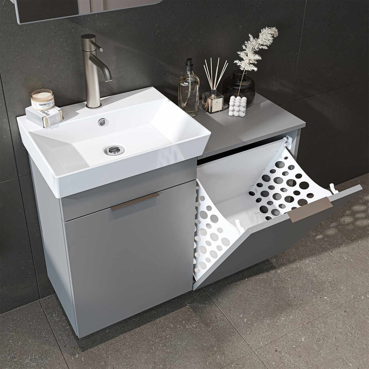 Dulap de baie cu chiuvetă, Hanah Home, Dubai Sepetli, 92.2x69.5x38.6 cm, PAL, Gri deschis — imaginea 5