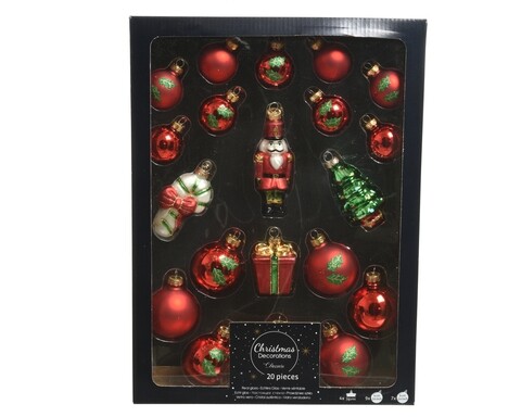 Cutie cu 20 de globuri Holly mix, Decoris, sticla, rosu