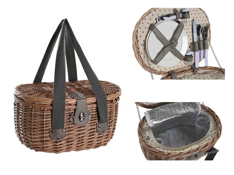 Cos de picnic pentru 2 persoane, DKD Home Deco, 39 x 28 x 22 cm, rachita, natural/alb